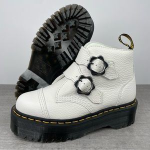 Dr. Martens White Leather Platform Double Buckle Ankle Boots